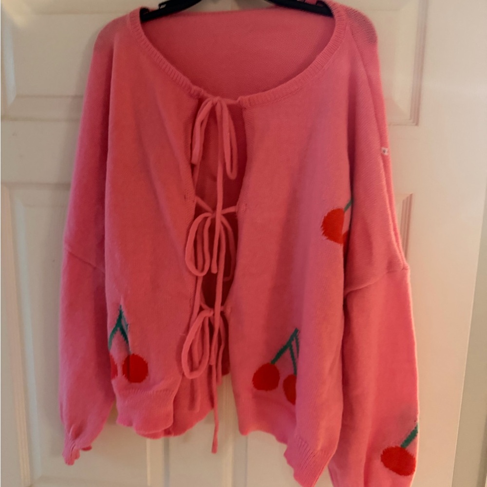 Pink Cherry Tie-Front Cardigan